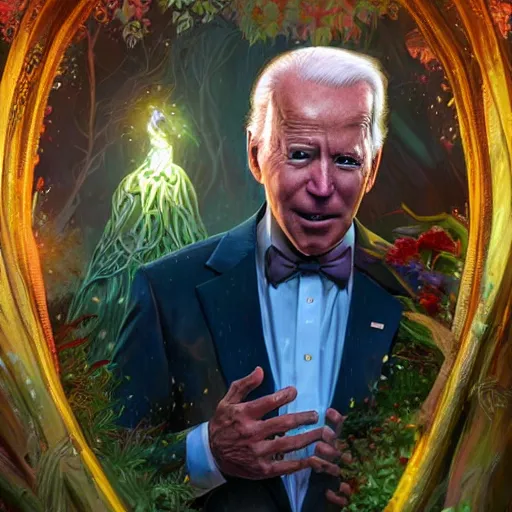 Prompt: ultra realistic illustration of magical joe biden!!!, forest, fantasy, colorful lights, intricate, elegant, highly detailed, digital painting, artstation, concept art, smooth, sharp focus, illustration, art by artgerm and greg rutkowski and alphonse mucha