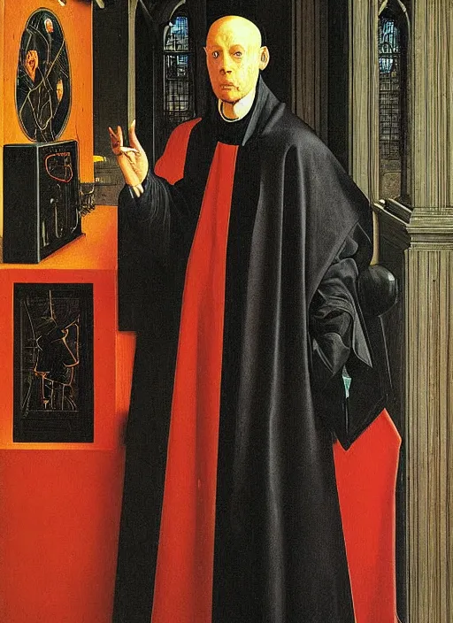 Image similar to a cyberpunk priest by Jan van Eyck