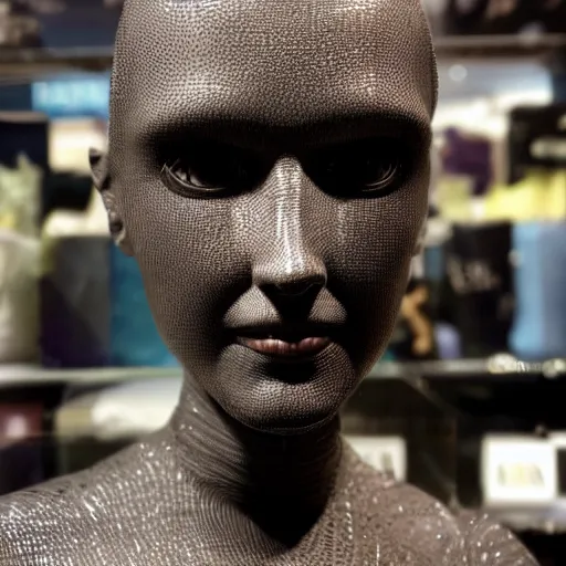 Image similar to photo of a humanoid robot in a store display hiding a dark secret, synthetic skin, highly detailed face, expressive face, cyberpunk, year 3022, medium close-up, depth of field, ISO 300, aperture f11, 1/100 obturation speed