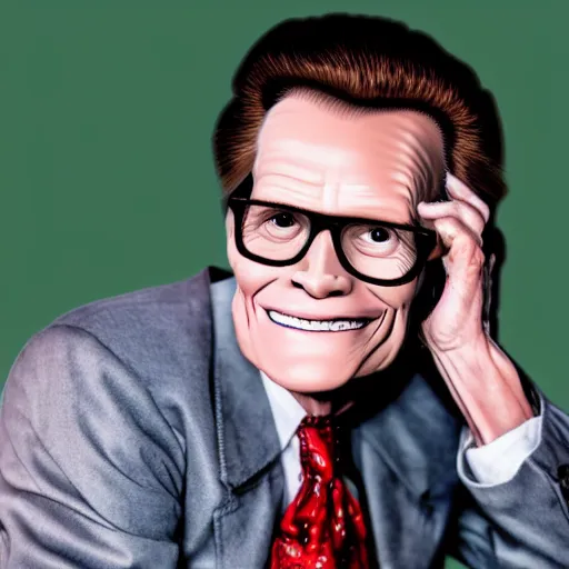 Image similar to hyperrealistic portrait of jim carrey as larry king, looking old and decrepit and dressed like an old gay man