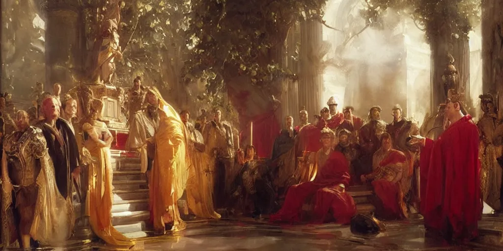 Prompt: beautiful oil painting, steve buscemi in royal crimson robes enthroned as the god emperor of ancient rome a golden wreath upon his head, by anders zorn, wonderful masterpiece by greg rutkowski, beautiful cinematic light, american romanticism, by thomas lawrence, greg rutkowski