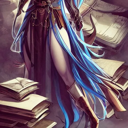 Image similar to “A detailed stunning and beautiful anime woman with brown-flowing hair, long blue-cape, decorative leather armor, surrounded by a catacomb of books, trending on artstation, by rossdraws”