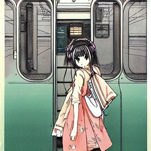 Prompt: Anime Summer girl on train station by Katsuya Terada