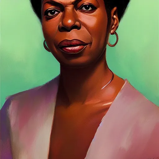 Image similar to of an ultradetailed beautiful portrait panting of nina simone, front view, oil painting, by ilya kuvshinov, greg rutkowski and makoto shinkai