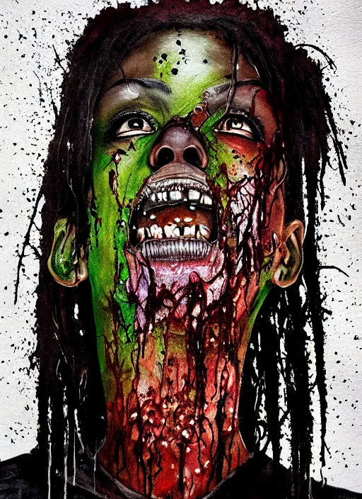 Image similar to african american zombie hollywood artwork professional acting headshot, hyperrealism, intricate detail, studio lighting, charming expression gesicht, hauntingly beautiful zombie, watercolor art, epic, legendary, drawn and painted, colored layers, dulled contrast, exquisite fine art, splatterpaint