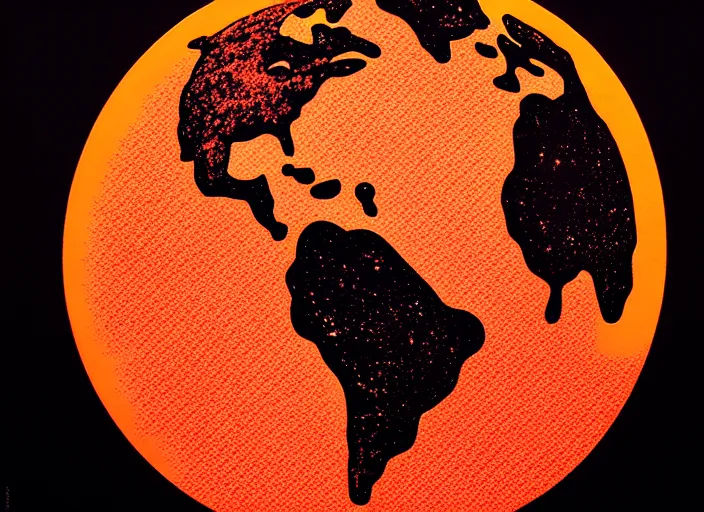 Prompt: the planet earth on fire view from space,risograph Mads Berg, Karolis Strautniekas, film noir, stippled light, dramatic lighting,editorial illustration, detailed, matte print, dark orange, red, black, screen print