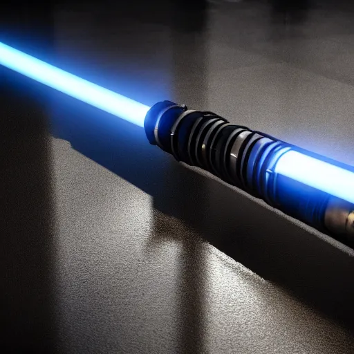 Image similar to ultra - detailed cinematic render, of a lightsaber hilt, lying vertically on a stone, lit up in a dark room, octane render, high quality, digital art, 8 k, jedi fallen order teaser, volumetric lighting