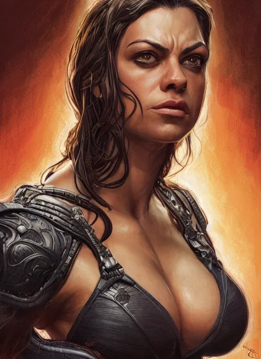 Image similar to very muscled Amazon Mila Kunis as a ruggedly mean looking heroine, intricate, elegant, highly detailed, centered, digital painting, artstation, concept art, smooth, sharp focus, illustration, art by artgerm and donato giancola and Joseph Christian Leyendecker, WLOP