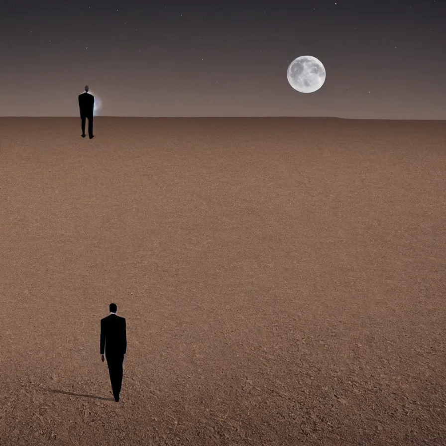 Image similar to a surreal landscape of a powerful man wandering in a vast desert lit by a frightening moon