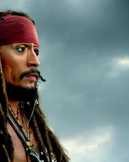 Image similar to Film still close-up shot of Dwayne Johnson as Captain Jack Sparrow from the movie Pirates of the Caribbean. Photographic, photography