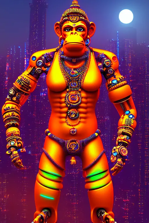 Image similar to high quality 3 d render neon cyborg!! hanuman! madhubani, highly detailed, cyberpunk mumbai in the background, unreal engine cinematic smooth, in the style of solaris, hannah yata charlie immer, moody light, low angle, uhd 8 k, sharp focus