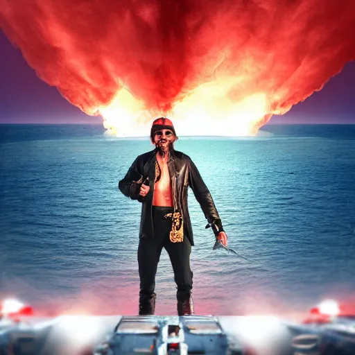 Prompt: a cool looking pirate, standing on the edge of the ship, big explosion on the background, in the style of terminator