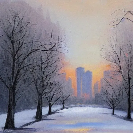 Image similar to winter in the city, by bob ross