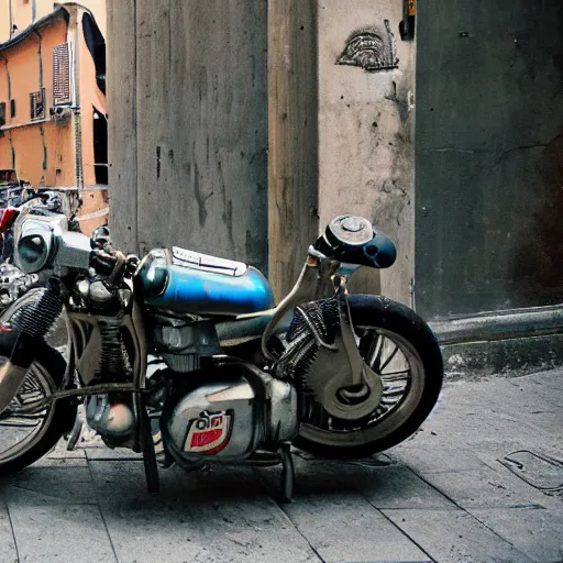 Image similar to photo of cyberpunk motorbike, in rome near coliseum. 2 4 mm lens, leica m 5, kodachrome