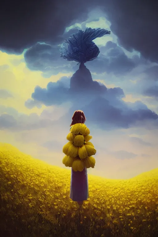 Image similar to closeup girl with huge yellow dahlia flower face, intricate, standing on mountain, surreal photography, blue storm clouds, dramatic light, impressionist painting, digital painting, artstation, simon stalenhag