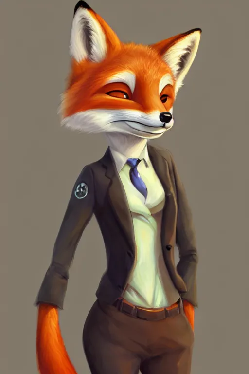 Image similar to oil painting of anthromorphic female fox, in style of zootopia, female fursona, furry, furaffinity, 4 k, deviantart, furry art, fursona art, wearing black business suit, business suit, fox fursona, female, smug expression,