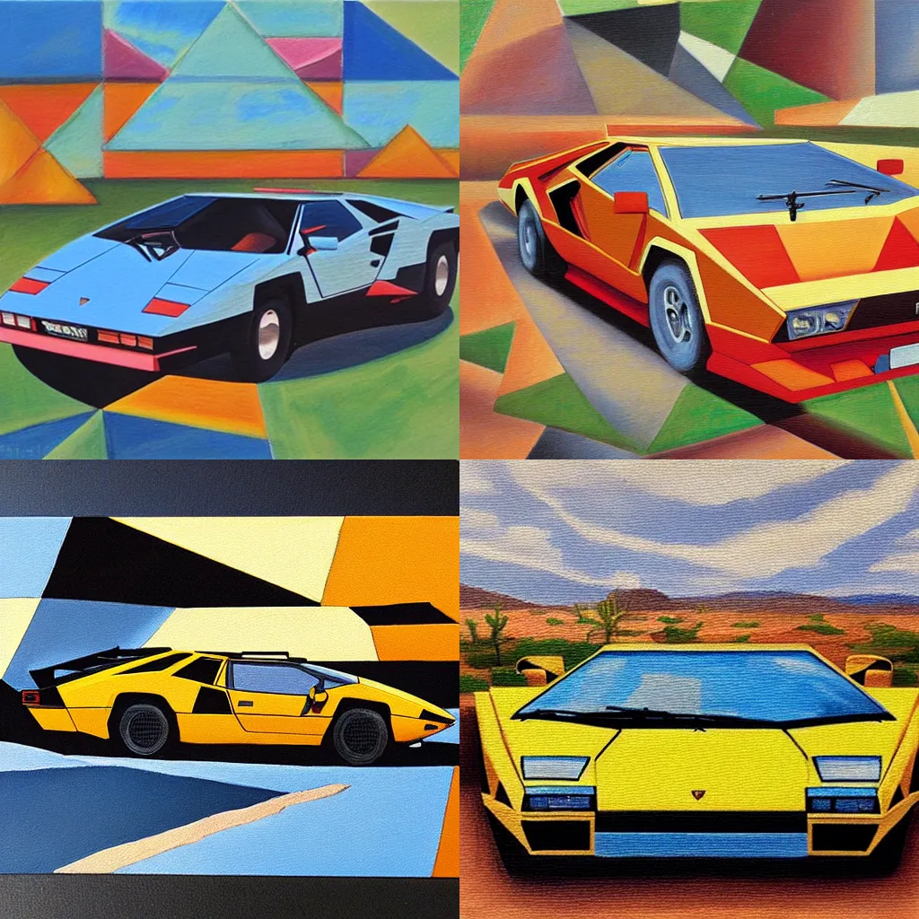 Prompt: Lamborghini Countach in the Arizona desert, oil painting in the style of cubism