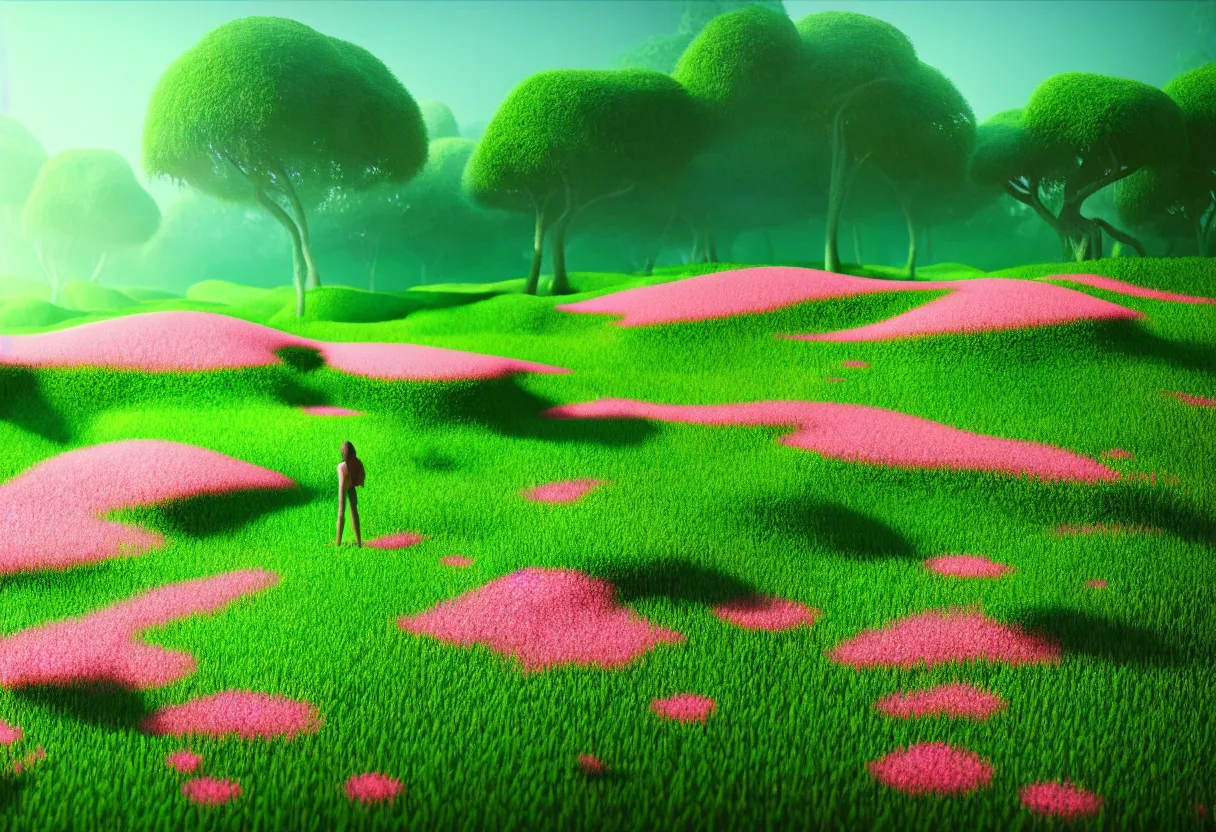 Prompt: inside of alien lush summer green landscape of human mind and imagination with millions of pink flowers, morning fog, matte painting, beautiful render, octane render, concept art