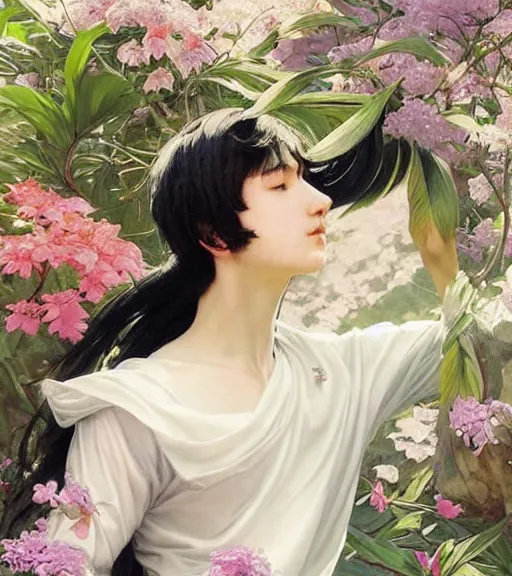 Prompt: harmony of black haired yoongi wearing white greek clothes, smirking, muted colors, colorful flowers, tropical, sunlight filtering through skin, dynamic hair movement, dynamic pose, glowing butterflies, j. c leyendecker, by alan lee, wlop! illustrated by starember, fantasy art by craig mullins