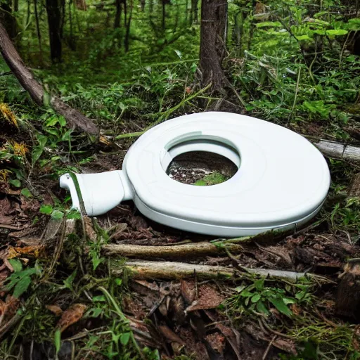 Prompt: an open toilet seat in the middle of the clearing of a forest