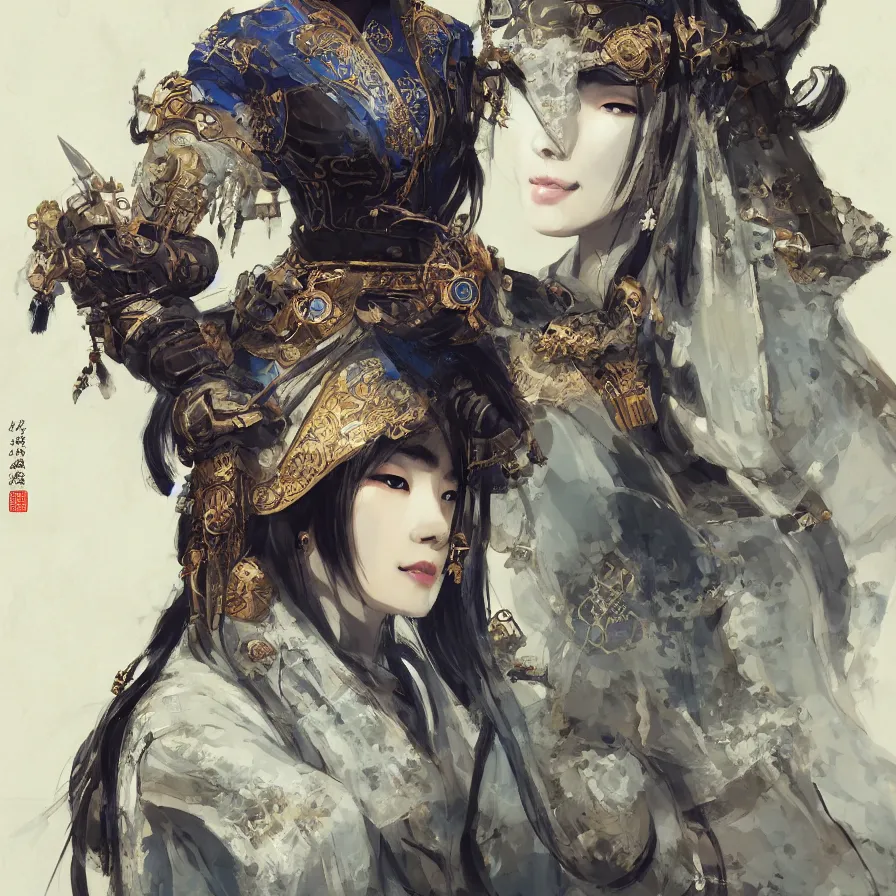 Image similar to ancient chinese princess with steampunk mask, dynasty warriors, elegant, unreal engine, 8 k, blue color scheme, headshot, highly detailed, smooth, ink painting, artstation, concept art, in style of yoji shinkawa, pan ren wei, col price, atey ghailan, by greg rutkowski, aesthetic