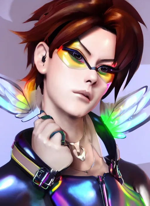 Image similar to portrait bust digital artwork of tracer overwatch, wearing iridescent rainbow latex and leather straps catsuit outfit, expressive happy face, makeup, in style of mark arian, angel wings, wearing detailed leather collar, chains, black leather harness, detailed face and eyes,