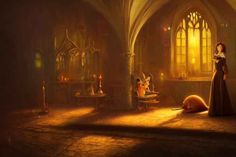 Prompt: A mouse in a Gothic atelier, oil painting, detailed, colorful, glowing lighting, 4k, dimly lit, in the style of Yanjung Chen and Tom Bagshaw,