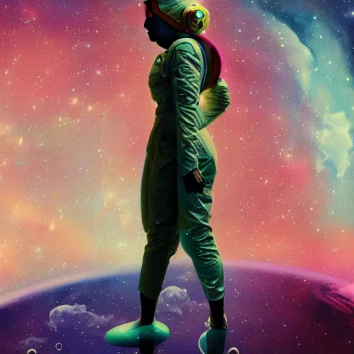 Image similar to over the cloud there is a cosmic girl, she isColorful astronaut, flowing robe, floating , colorful nebula, derelict space ship, science fiction spaceman, space, futuristic spacesuit, cover art, cinematic, highly detailed, strong line work, Alphonse Mucha, John Harris, 4k render, 4k post, hyper detailed