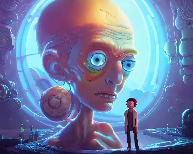 Prompt: fantasy portrait of cartoon rick & morty, intricate abstract. intricate artwork, by greg rutkowski, wlop, beeple, dan mumford. concept art, octane render, trending on artstation, greg rutkowski very coherent symmetrical artwork. cinematic, key art, hyper realism, high detail, octane render, 8 k, iridescent accents