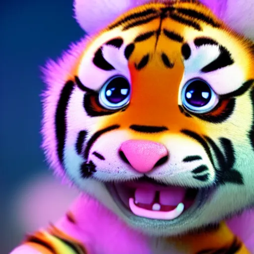 Prompt: a cute baby tiger cub, big eyes, soft fur texture, pastel colours, colorful, glitter crystals, cute, pixar animation style, detailed, soft light, octane render, 4 kb - w 6 4 0