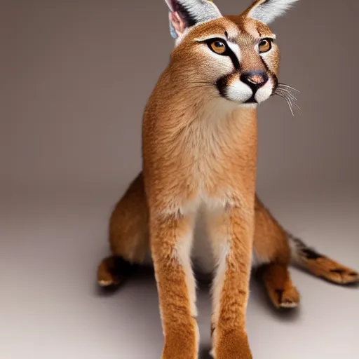 Image similar to full body photo of cute caracal. he is wearing laurel wreath on his ears, studio light