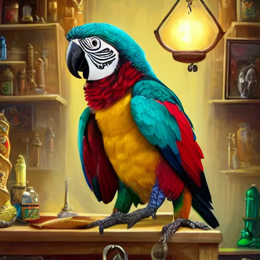 Prompt: Anthropomorphized parrot trader in his shop, presenting his wares, portrait, items, magic potions, carpet, window, fancy hat, sly expression , cunning expression, cute expression, presenting wares, D&D, fantasy, cinematic lighting, highly detailed, digital painting, artstation, concept art, smooth, sharp focus, illustration, warm light, cozy warm tint, magic the gathering artwork, volumetric lighting, 8k, art by Akihiko Yoshida, Greg Rutkowski