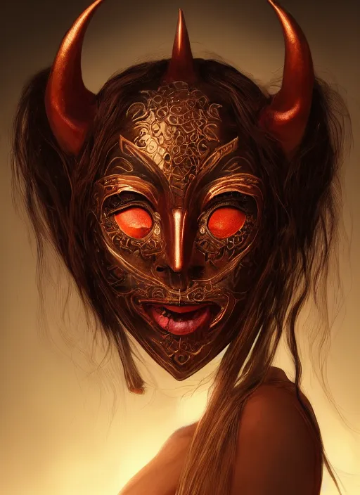 Image similar to a beautiful detailed oil on copper art illustration of a japanese shityome mask devil woman, the mask is broken, centered, by charlie bowater, zeng fanzh, trending on artstation, dim dusk lighting, cinematic lighting, detailed lighting, volumetric lighting, realistic, f 8, 4 k hd wallpaper