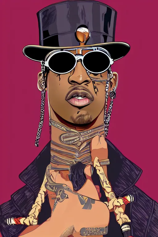 Prompt: travis scott with sunglasses and a top hat holding a katana, digital art beautiful, thick lines