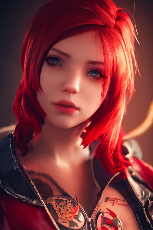Prompt: a girl with short red hair, cool, vi from arcane, league of legends, fighter, cool red jacket, tattoo, beautiful, 3 d, potrait, art staion, studio light, closeup shot, octane render, wlop, realistic, neon
