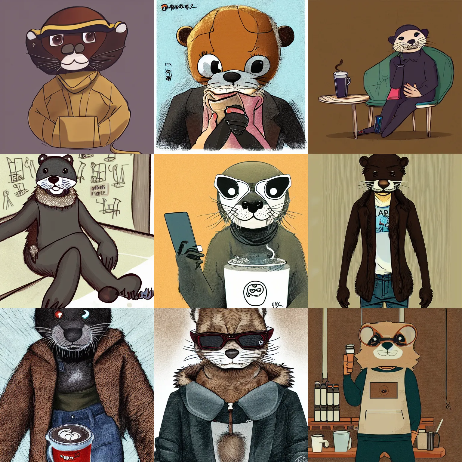 Prompt: anthropomorphic furry otter wearing cool clothes in a coffee shop, trending on art station, furaffinity, satoshi kon