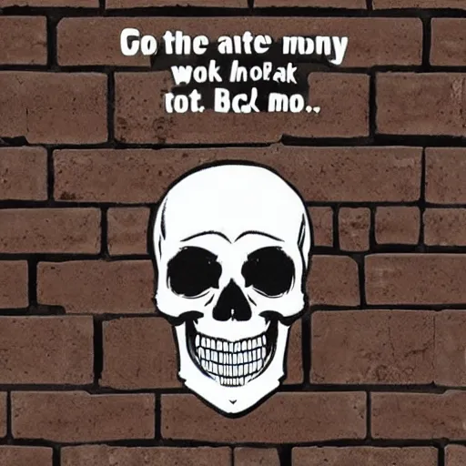 Prompt: a skull with the caption your mom ate a brick underneath it, gray wood backdrop
