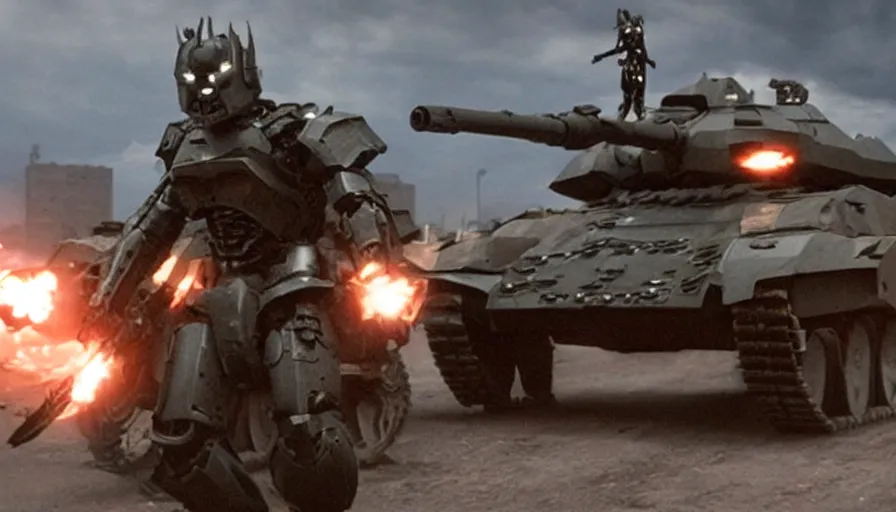 Prompt: Big budget movie about a cyborg demon fighting a heavily armored tank in a city