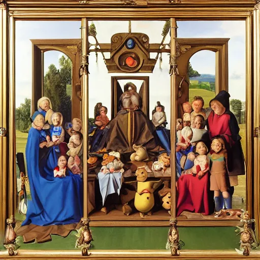 Prompt: A pikachu family portrait, Family portrait, guild commission, Sienese school, Florentine school, sfumato, chiaroscuro, perspective, foreshortening, proportions, still life, al fresco, panel painting, triptych, diptych, quadriptych, oil on canvas, Artwork by Hubert van Eyck