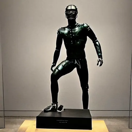 Image similar to “ a realistic detailed photo of a guy who is an attractive humanoid who is half robot and half humanoid, who is a male android, football player christian mccaffrey, shiny skin, posing like a statue, blank stare, at the museum, on display ”