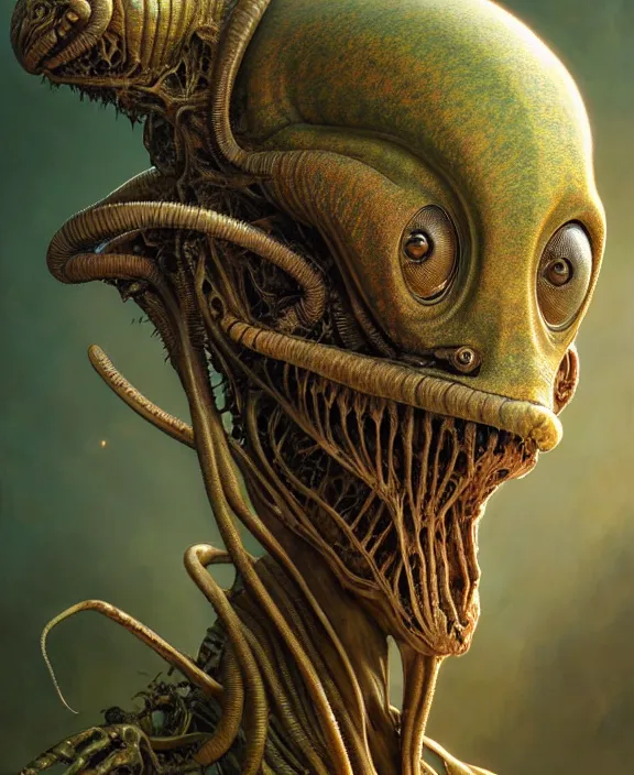 Image similar to intricate earth - toned portrait of a disturbing alien insect creature, mottling coloring, adorable, childlike, overgrown environment, ultra realistic, concept art, maximalist, photorealistic, octane render, 8 k, unreal engine. art by christopher marley and artgerm and greg rutkowski and alphonse mucha