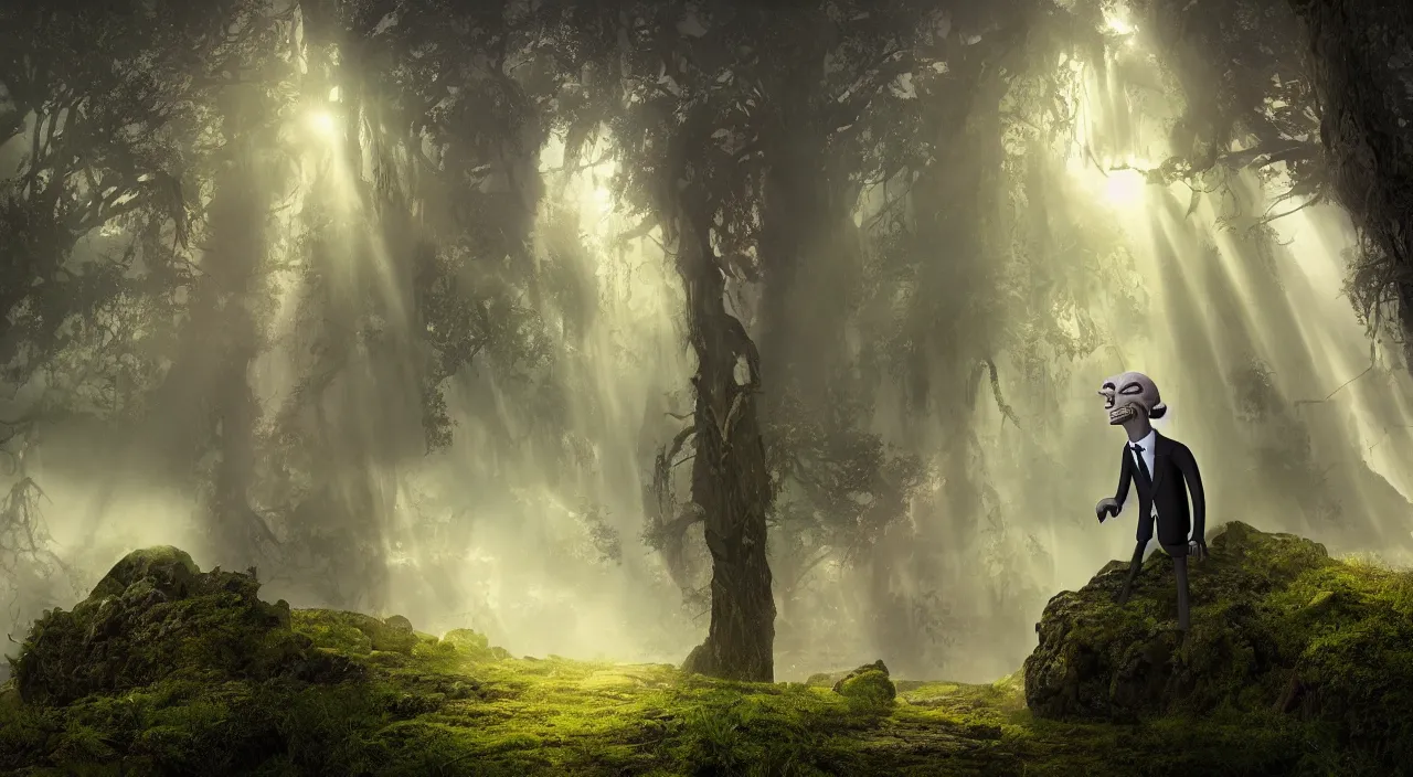 Image similar to photorealistic matte painting of mr burns of the simpsons standing far in misty overgrowth undergrowth jagged rock features volumetric fog light rays high contrast dawn