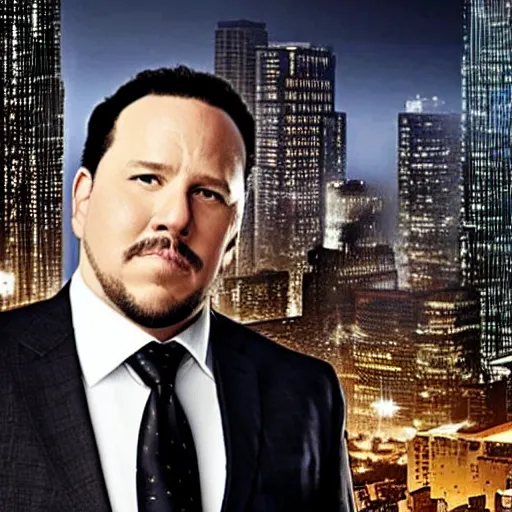 Image similar to Clean-shaven Jon Favreau as Happy Hogan wearing a black suit and black necktie and black dress shoes is climbing up a tall building in an urban city.
