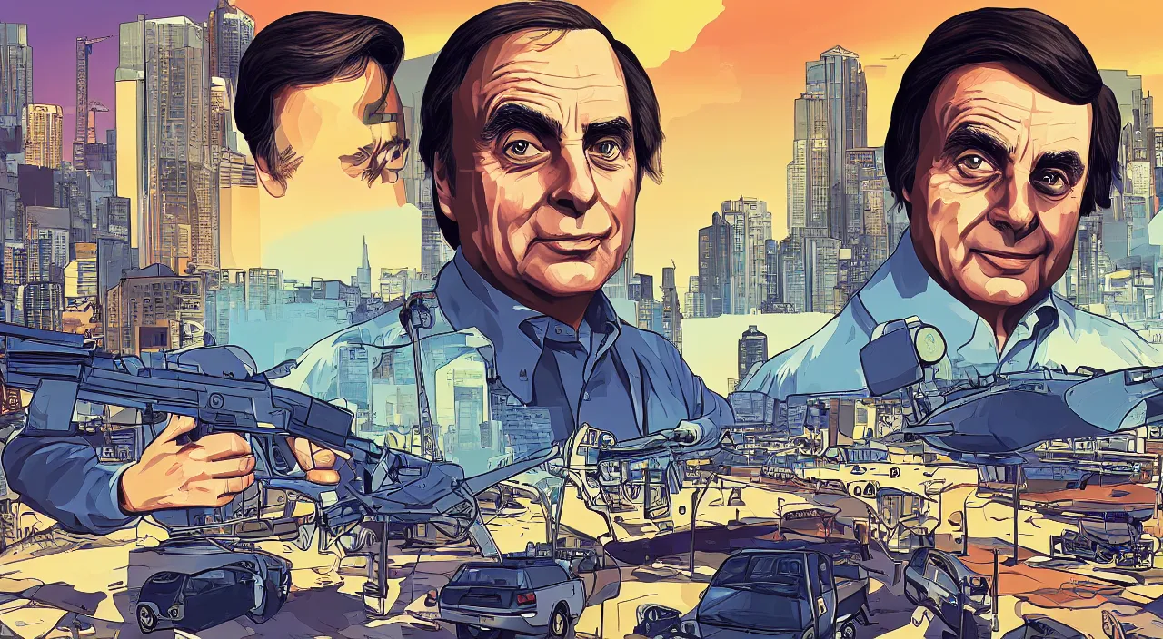 Image similar to carl sagan s a gta loading screen, illustration gta 5 artwork, stephen bliss