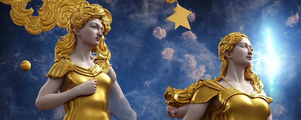 Prompt: saint woman, venus, athena, beautiful, gracious, baroque marble and gold, space, sistina, stars, puffy clouds, tilt shift, 3 d style light refraction, light reflection, real texture effect, extremely detailed, avantgarde, render, artstation