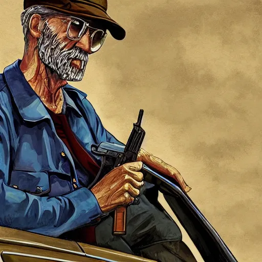 Image similar to highly detailed old man in car holding gun gta v art,, fantasy art by stephen bliss