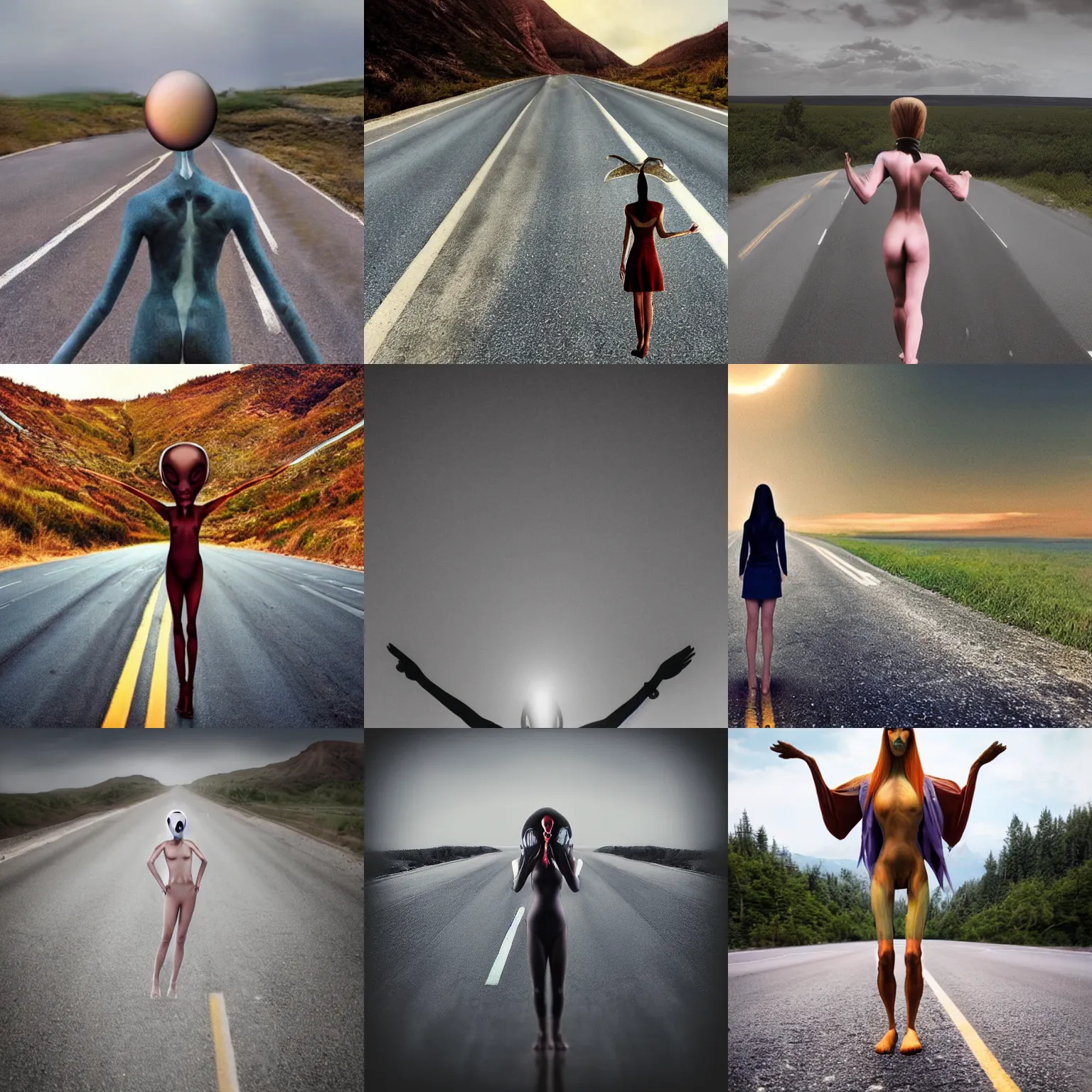 Prompt: realistic photography of a Female alien standing on the road.