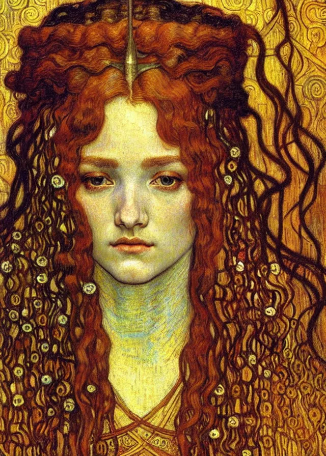 Image similar to detailed realistic beautiful young medieval queen face portrait by jean delville, gustav klimt and vincent van gogh, art nouveau, symbolist, visionary, gothic, pre - raphaelite, muted earthy colors, desaturated