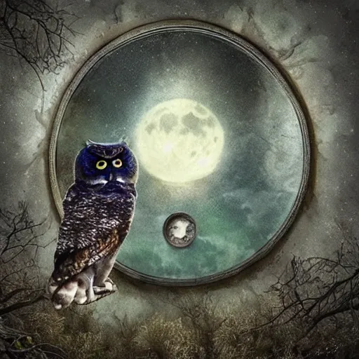 Image similar to A lunar sage with his magical owls looking out into the reflections of all of time 4k photorealism HD surrealism