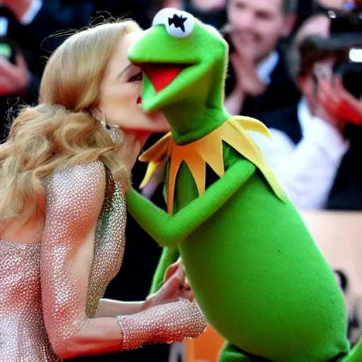 Prompt: Kermit the Frog in a suit and tie kissing Nicole Kidman in a dress on the red carpet movie still photo journalism 4k